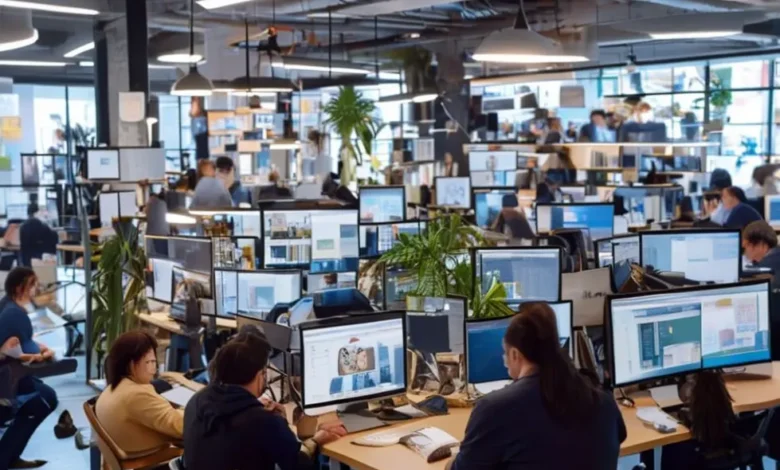 Imagem de profissionais trabalhando remotamente em um ambiente colaborativo.