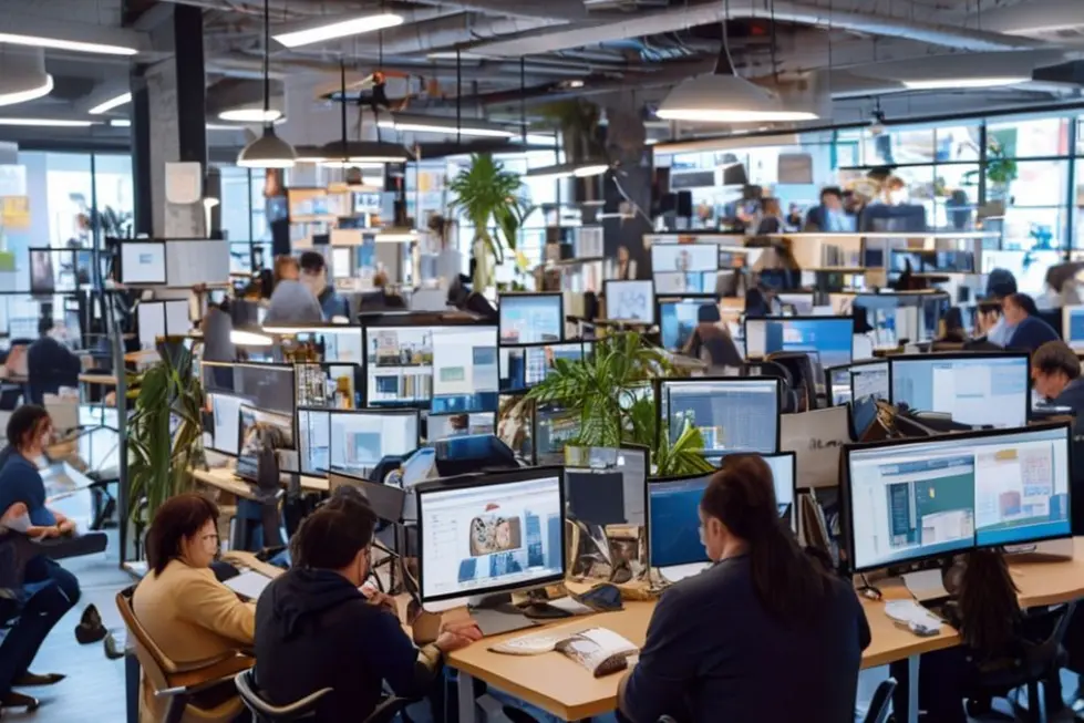 Imagem de profissionais trabalhando remotamente em um ambiente colaborativo.