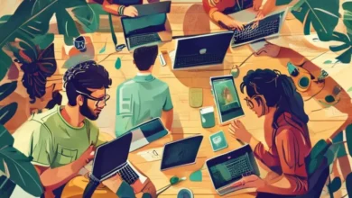 Nômades digitais discutindo ideias de negócios em um ambiente criativo.