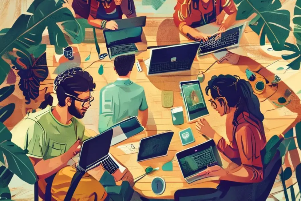 7 Estratégias Práticas para Escalar Seu Negócio com Sustentabilidade em 2025 - Web Nômade Digital Nômades digitais discutindo ideias de negócios em um ambiente criativo.