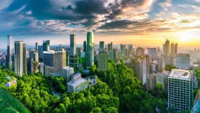 Visão panorâmica da natureza ao lado de empresas prósperas, simbolizando o crescimento sustentável.