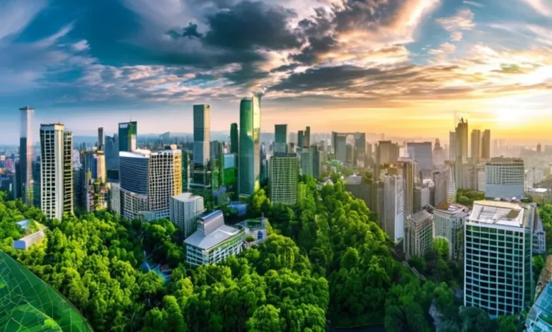 Visão panorâmica da natureza ao lado de empresas prósperas, simbolizando o crescimento sustentável.