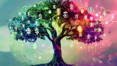 Uma árvore robusta representando crescimento sustentável, misturando elementos naturais e digitais.