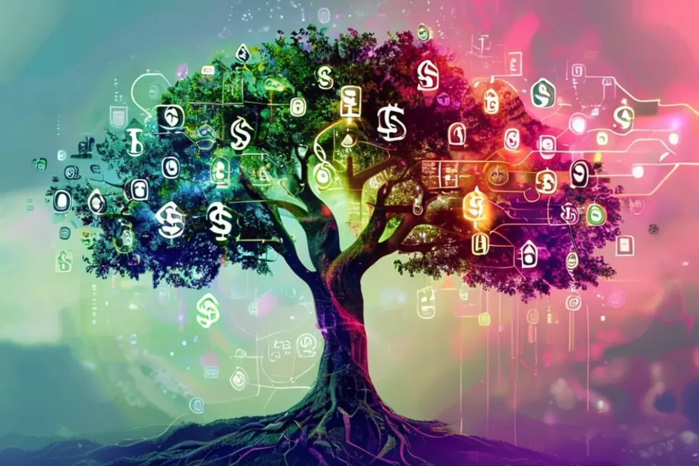 Uma árvore robusta representando crescimento sustentável, misturando elementos naturais e digitais.