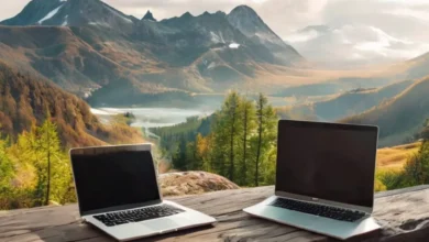 Visão de um nômade digital trabalhando ao ar livre.