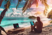 Nômade digital trabalhando em uma praia tropical