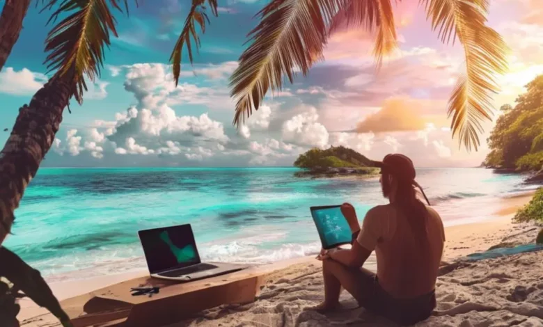 Nômade digital trabalhando em uma praia tropical
