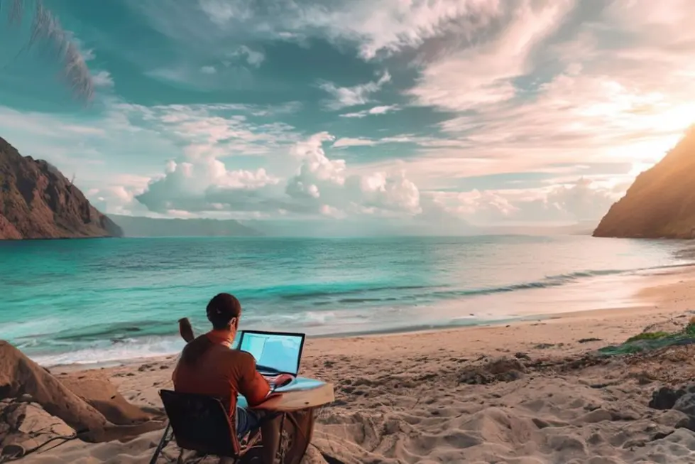 Nômade digital utilizando um laptop em uma praia, simbolizando liberdade e empreendedorismo.
