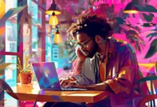 Nômade digital focado em suas atividades em um café.