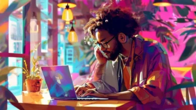 Nômade digital focado em suas atividades em um café.