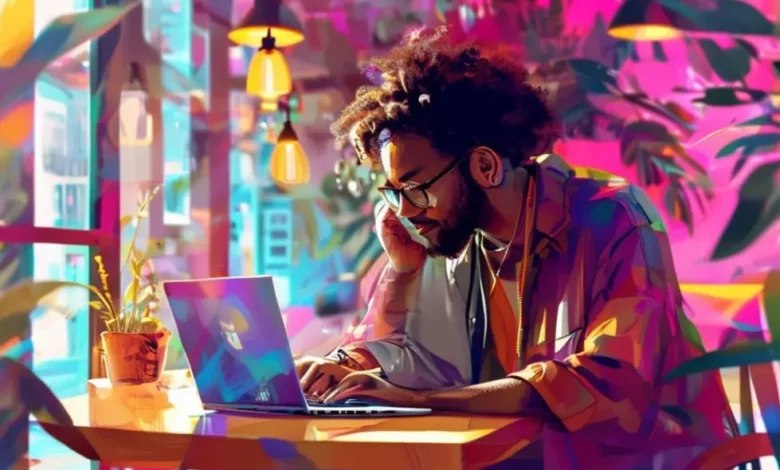 Nômade digital focado em suas atividades em um café.