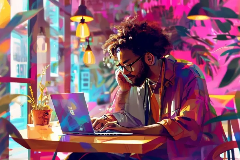 Nômade digital focado em suas atividades em um café.