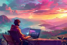 Nômade digital montando uma estação de trabalho com uma bela vista.