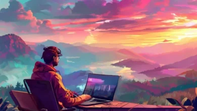 Nômade digital montando uma estação de trabalho com uma bela vista.