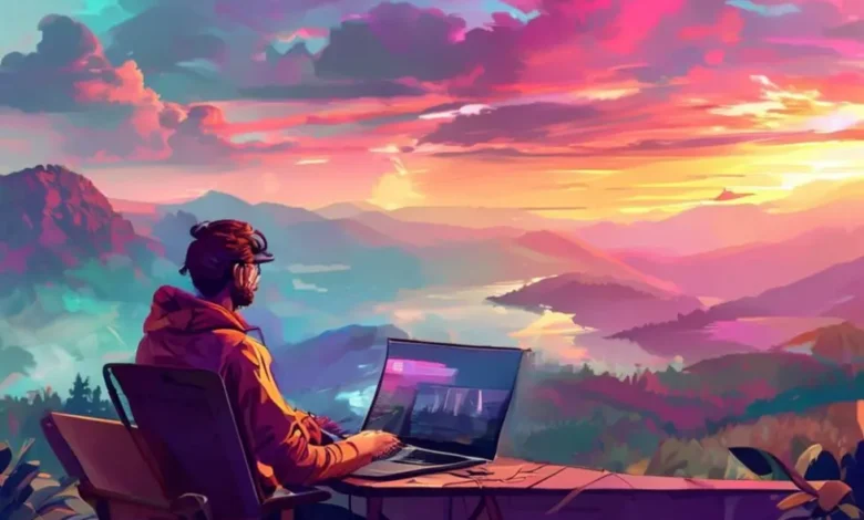 Nômade digital montando uma estação de trabalho com uma bela vista.