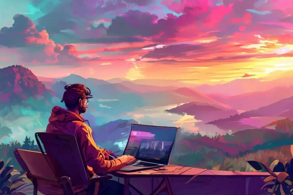 Nômade digital montando uma estação de trabalho com uma bela vista.