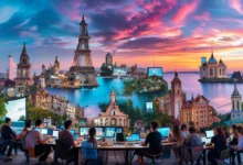 Vários nômades digitais trabalhando em diferentes destinos de viagem.