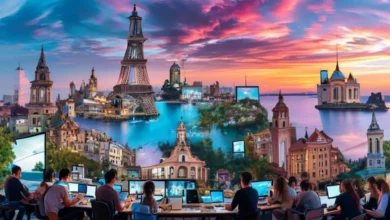 Vários nômades digitais trabalhando em diferentes destinos de viagem.