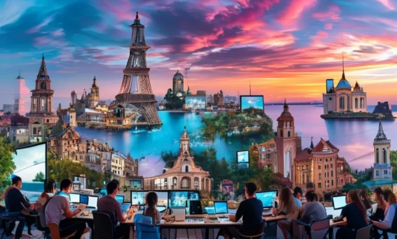 Vários nômades digitais trabalhando em diferentes destinos de viagem.