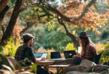Nômades digitais trabalhando ao ar livre de forma produtiva.