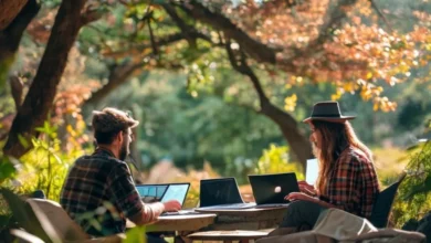 Nômades digitais trabalhando ao ar livre de forma produtiva.