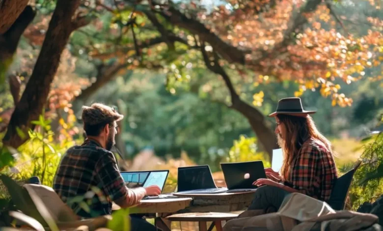 Nômades digitais trabalhando ao ar livre de forma produtiva.