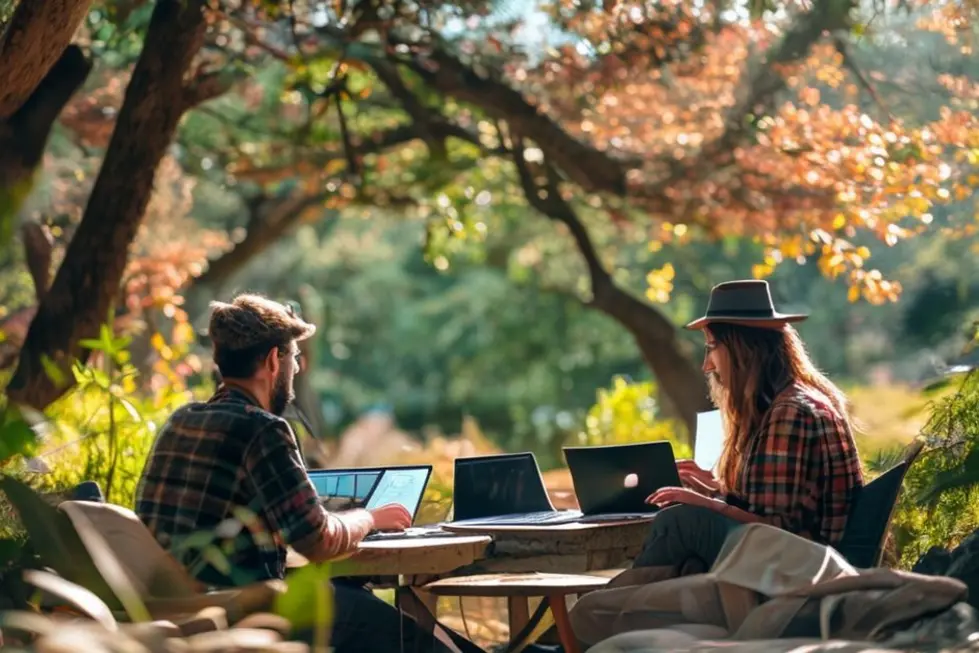 7 Estratégias Infalíveis de Gestão Estratégica para Aumentar Lucros - Web Nômade Digital Nômades digitais trabalhando ao ar livre de forma produtiva.