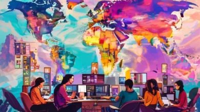 Nômades digitais trabalhando remotamente em várias partes do mundo.