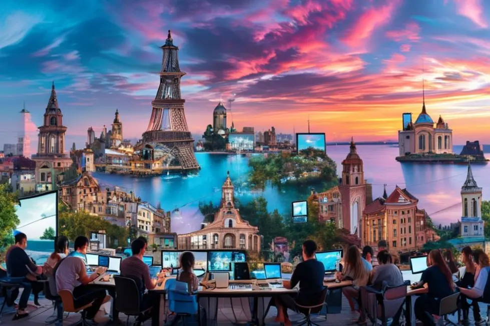 Vários nômades digitais trabalhando em diferentes destinos de viagem.