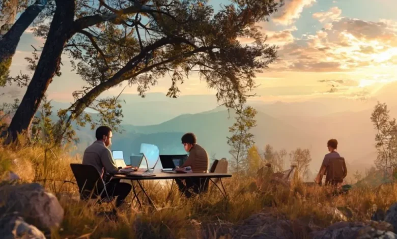Nômades digitais trabalhando em um ambiente natural, simbolizando um estilo de vida sustentável.