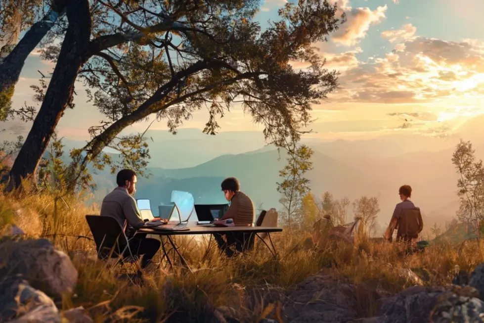 Nômades digitais trabalhando em um ambiente natural, simbolizando um estilo de vida sustentável.