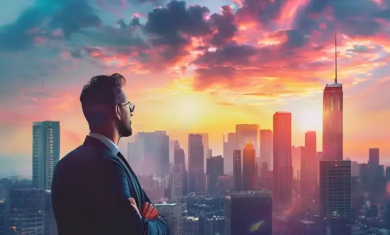 Empreendedor olhando para uma paisagem urbana refletindo um futuro promissor.