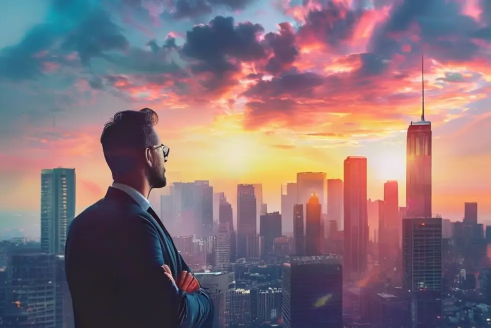 Empreendedor olhando para uma paisagem urbana refletindo um futuro promissor.