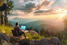 Nômade digital trabalhando em um ambiente natural, refletindo o crescimento sustentável.