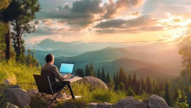 Nômade digital trabalhando em um ambiente natural, refletindo o crescimento sustentável.