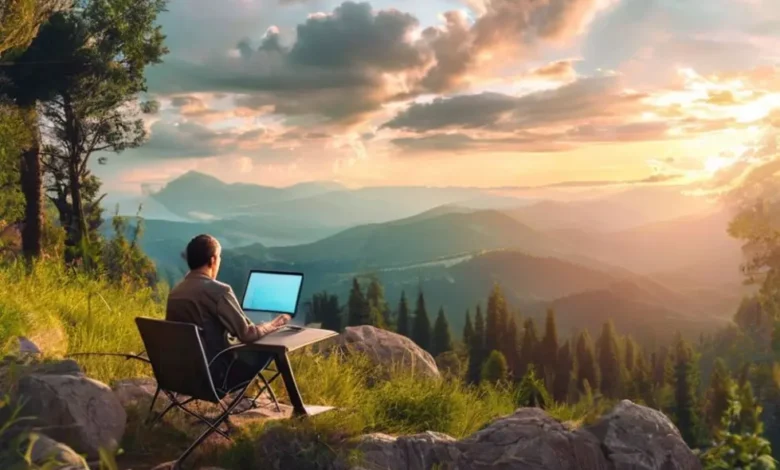 Nômade digital trabalhando em um ambiente natural, refletindo o crescimento sustentável.