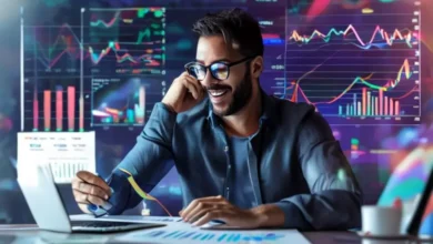 Um empreendedor online analisando dados de vendas e celebrando o sucesso.