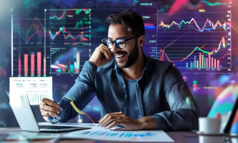 Um empreendedor online analisando dados de vendas e celebrando o sucesso.