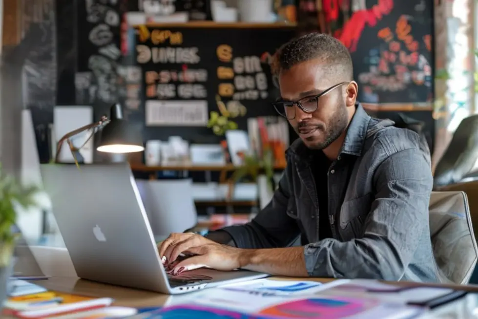 7 Estratégias para Criar uma Empresa Lucrativa em 2024 - Web Nômade Digital Empreendedor trabalhando em um escritório moderno e criativo.