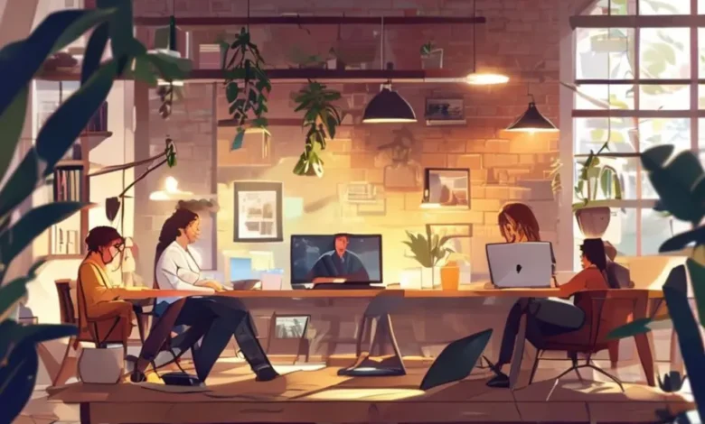 Grupo de empreendedores trabalhando remotamente com laptops