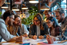 Grupo diverso de empreendedores colaborando em um ambiente iluminado, simbolizando a união e trabalho em equipe.