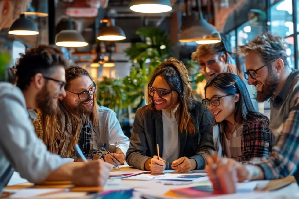 7 Mitos e Verdades do Empreendedorismo que Você Precisa Conhecer - Web Nômade Digital Grupo diverso de empreendedores colaborando em um ambiente iluminado, simbolizando a união e trabalho em equipe.