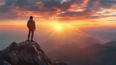 Pessoa admirando o amanhecer de um ponto alto, representando sucesso no empreendedorismo.