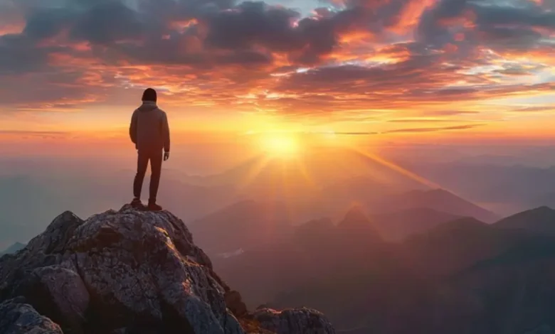 Pessoa admirando o amanhecer de um ponto alto, representando sucesso no empreendedorismo.