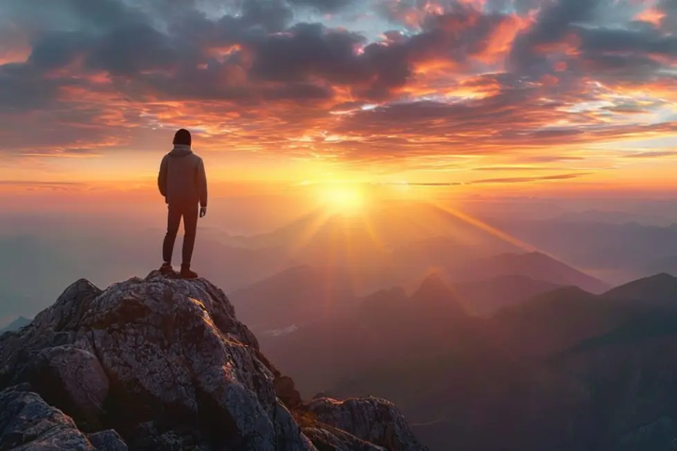 8 Mitos e Verdades que Todo Empreendedor Digital Deve Conhecer - Web Nômade Digital Pessoa admirando o amanhecer de um ponto alto, representando sucesso no empreendedorismo.