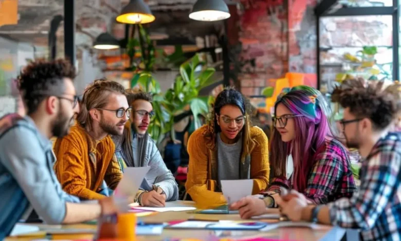 Grupo diverso de empreendedores colaborando e compartilhando ideias.