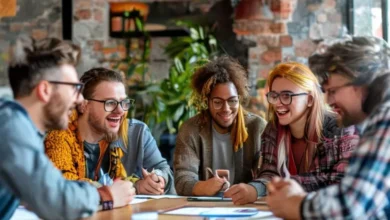 Grupo diverso de aspirantes a empreendedores discutindo ideias em uma mesa.
