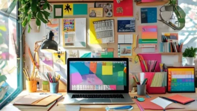 Espaço de trabalho criativo para empreendedores, simbolizando inovação e ideias.