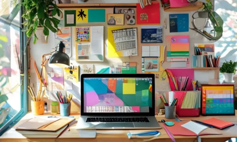 Espaço de trabalho criativo para empreendedores, simbolizando inovação e ideias.