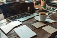 Ambiente de trabalho de um nômade digital com laptop e café.